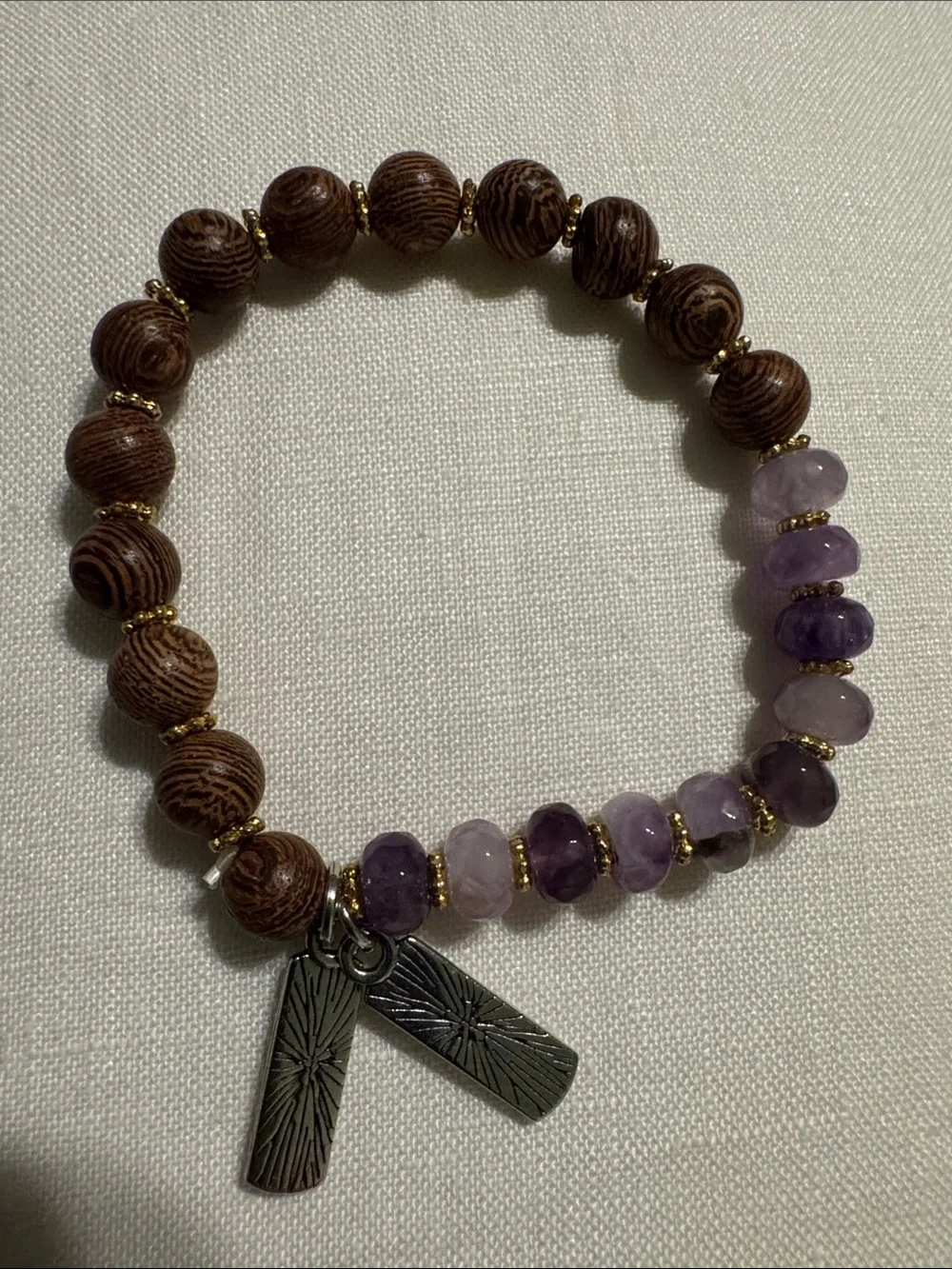 2 Genuine Beaded Mountain & Charm Stretch Bracelets - Pink, Purple, Brown
